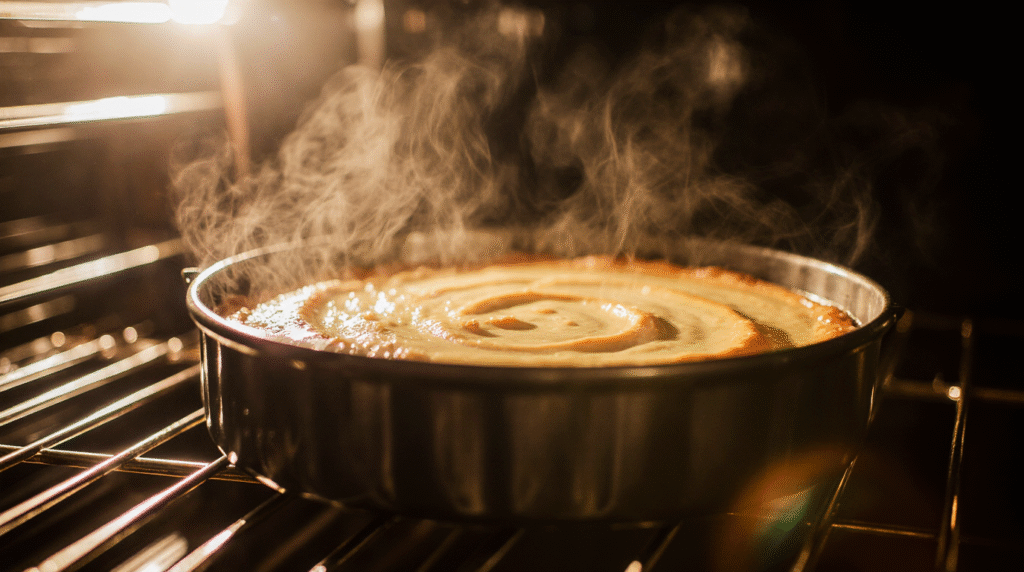 Cheesecake baking inside an oven in a springform pan