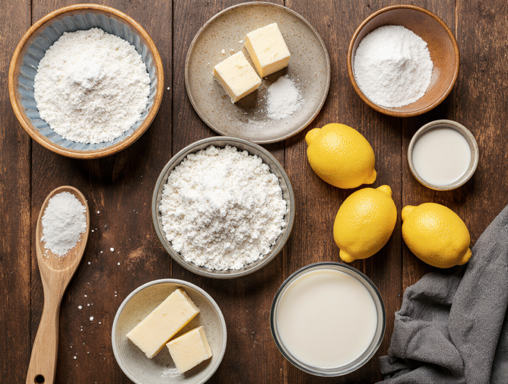 Top-down flat lay of all ingredients: butter, flour, sugar, eggs, lemons, milk, and vanilla on a rustic wooden surface. A zester and measuring spoons are visible, evoking a real home-baking vibe.