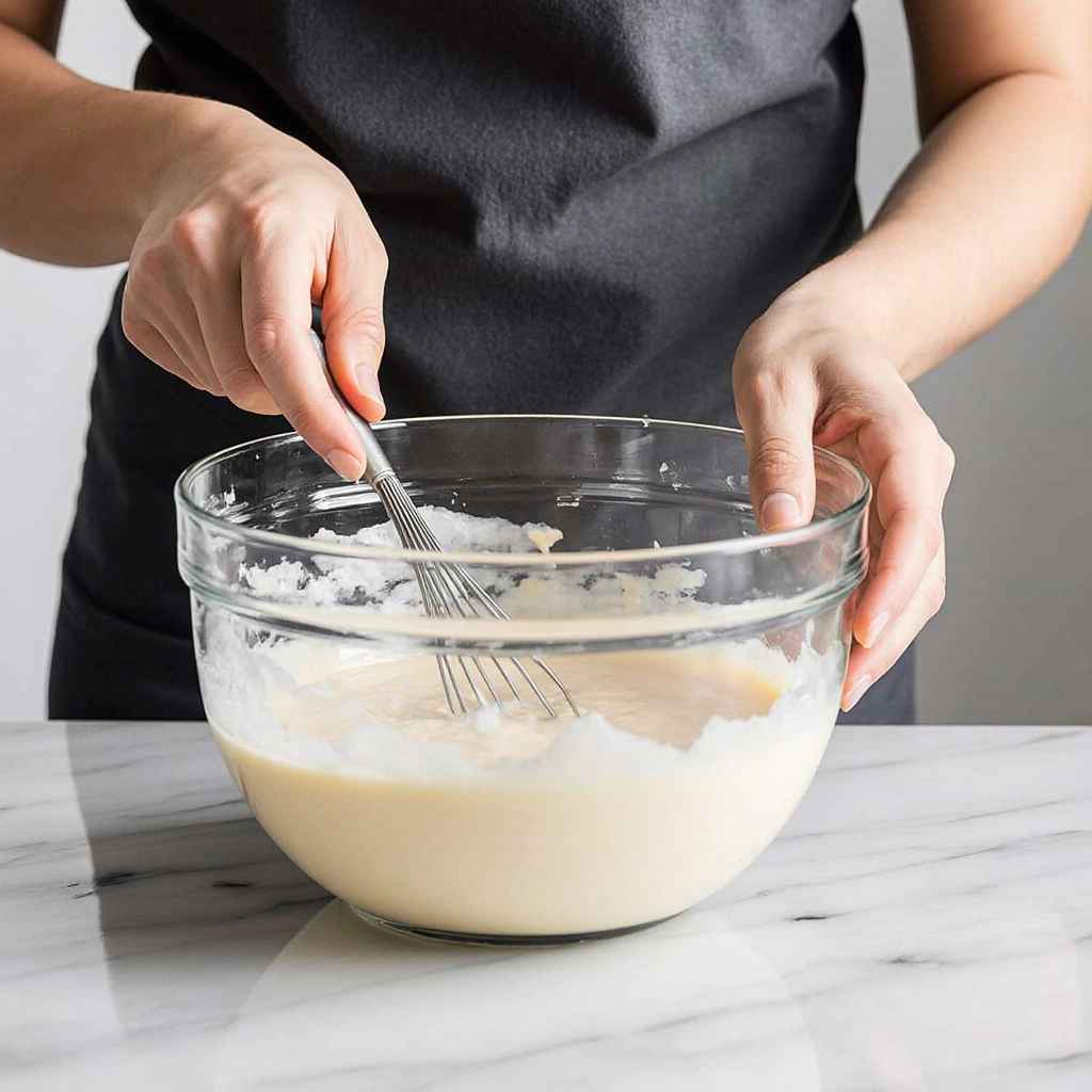 baker mixing cheesecake batter in a glass bowl