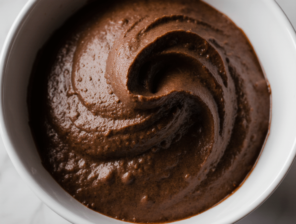 Macro photo of smooth chocolate mousse in bowl