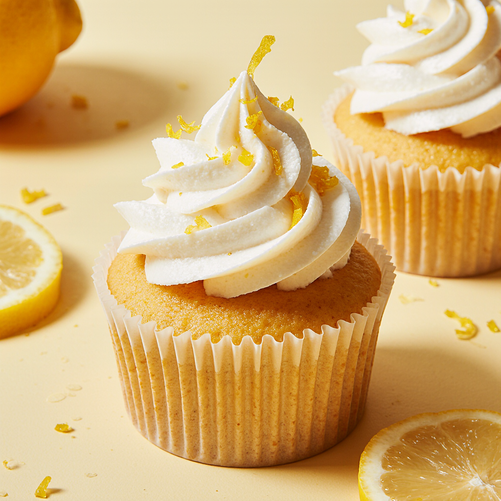 A close-up image of perfectly frosted lemon cupcakes, topped with lemon zest curls and a few mint leaves. Cupcakes arranged neatly on a cooling rack with soft yellow background, giving a spring aesthetic.