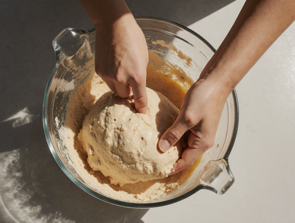 Hands mixing cookie dough in glass bowl