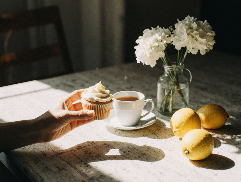 A cozy kitchen table scene: a person reaching for a lemon cupcake beside a cup of tea and a plate of sliced lemons. Soft sunlight, flowers in background, natural home ambiance.