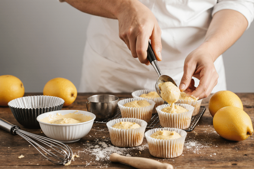 Close-up of a baker’s hands filling cupcake liners with lemon batter using an ice cream scoop, surrounded by mixing bowls, lemons, and whisk in background.