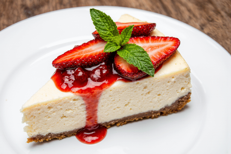 A close-up of a creamy Philadelphia cheesecake recipe