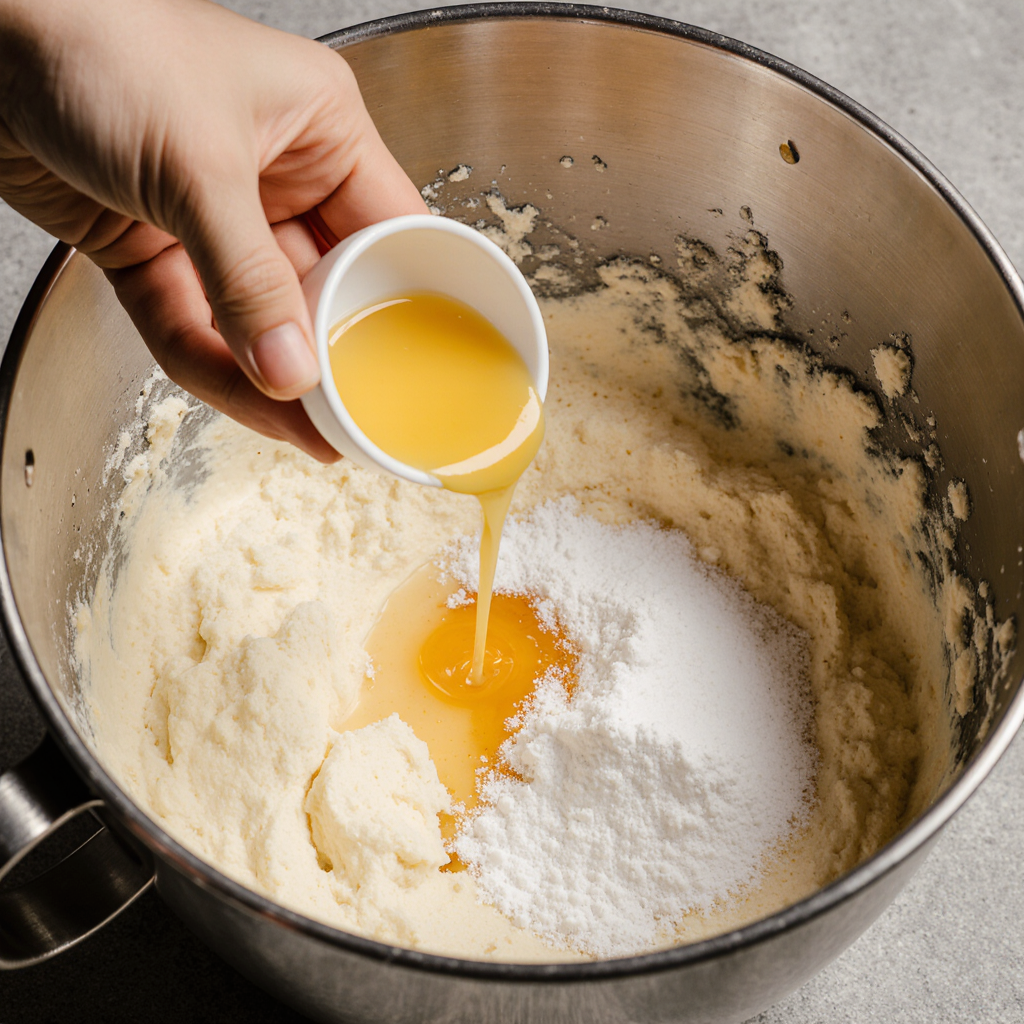 butter and sugar in a mixing bowl, light fluffy texture visible