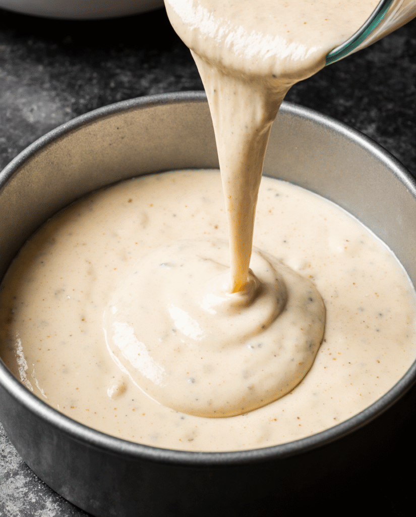 shot of vanilla cake batter being poured into a round baking pan