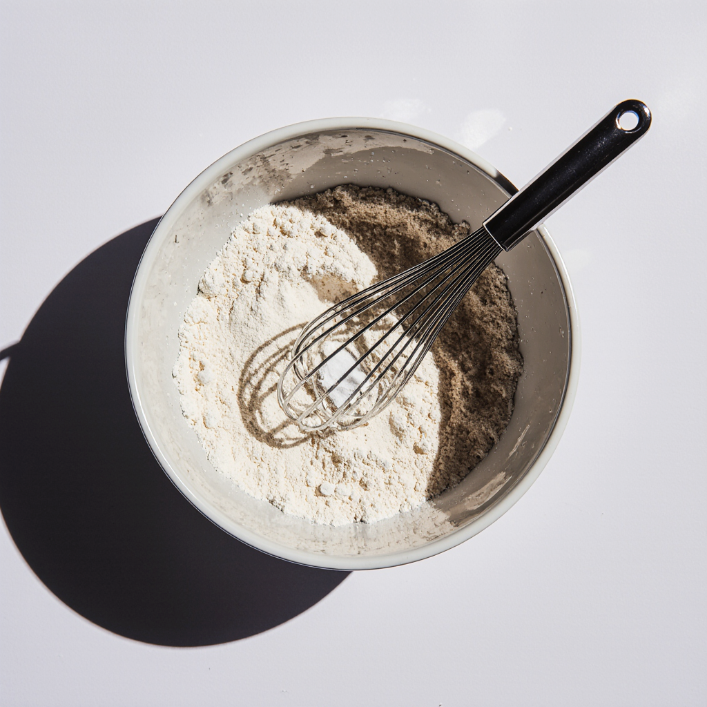 bowl with sifted flour, salt, and baking powder being whisked -make Vanilla Sponge Cake recipe